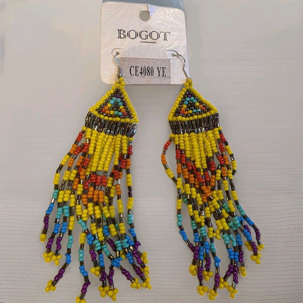 BOGOT Yellow Multicolor Beaded Fringe Earrings Long Dangle Geometric Boho